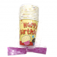 Стаканчики бумажные одноразовые "Happy Birthday с кексами"